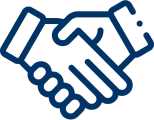 Handshake icon in blue outline on black.
